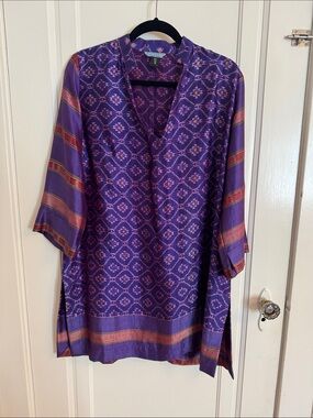 Imperio Silk Purple Patterned Boho Ethnic V-Neck Tunic Top